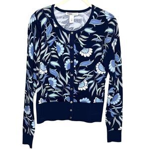 White House Black Market Cardigan Sweater Womens Small Navy Floral Button Front